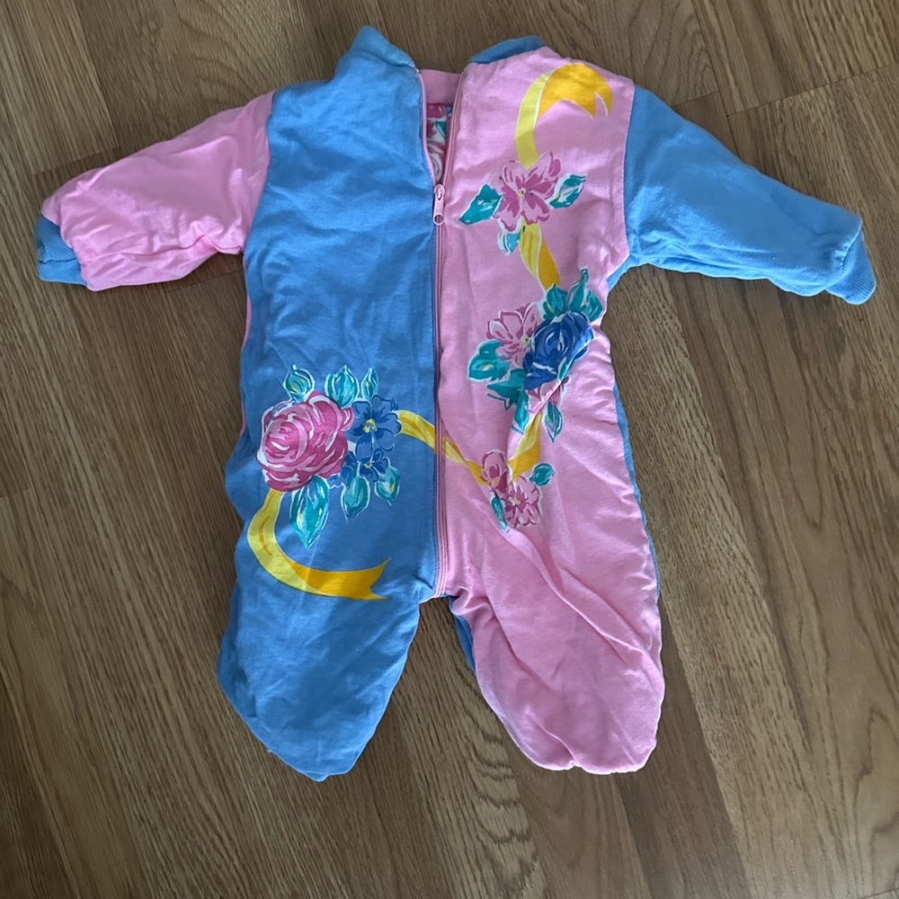 Vintage Floral Pink and Blue Kids reversible One Piece